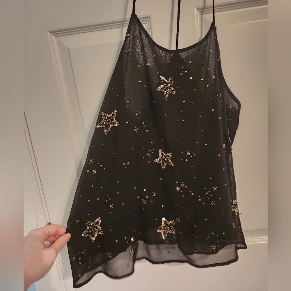 Free People Black and Gold Sequin Star Constellation Tank Top